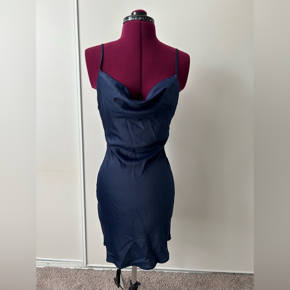 Urban Outfitters Cowl Neck Mini Navy Blue Satin Dress
